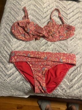Red Paisley Underwire Bikini Set with Fold-Over Brief